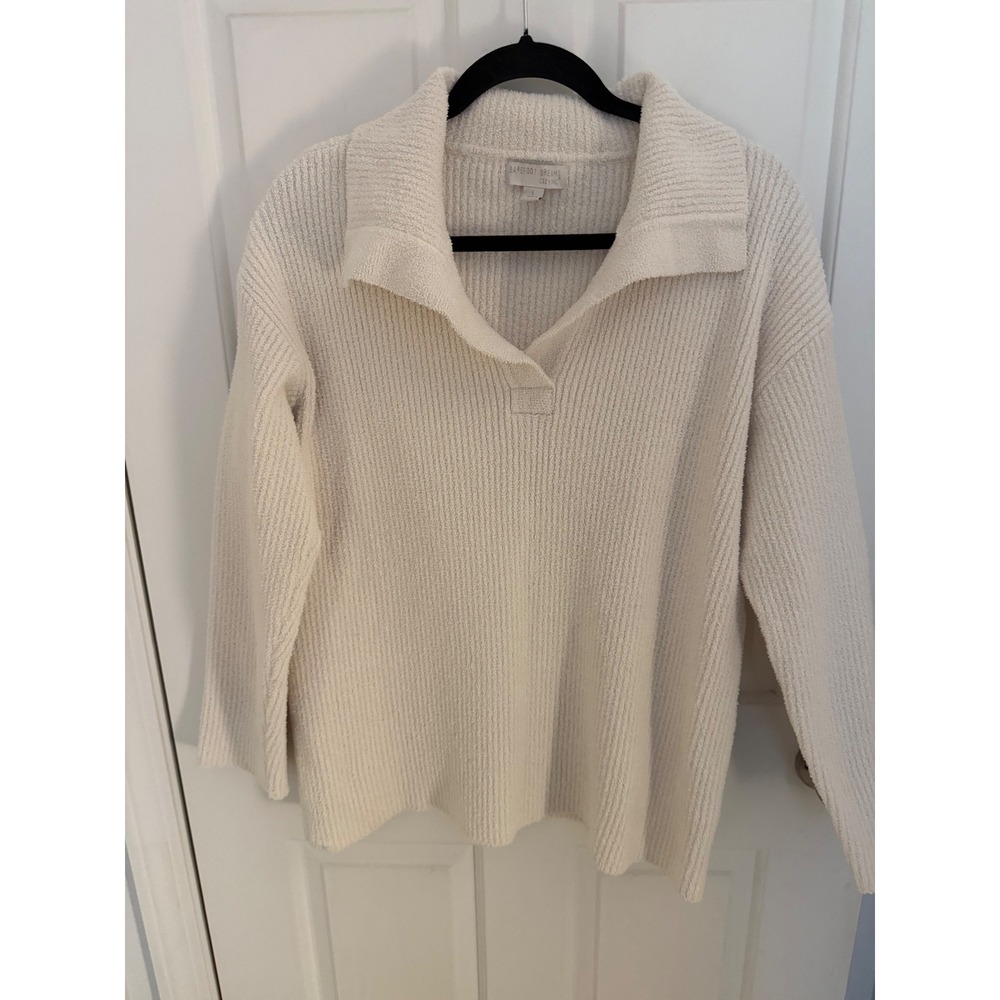 Barefoot Dreams CozyChic Ribbed Polo Collar Sweater Cream Large Pullover